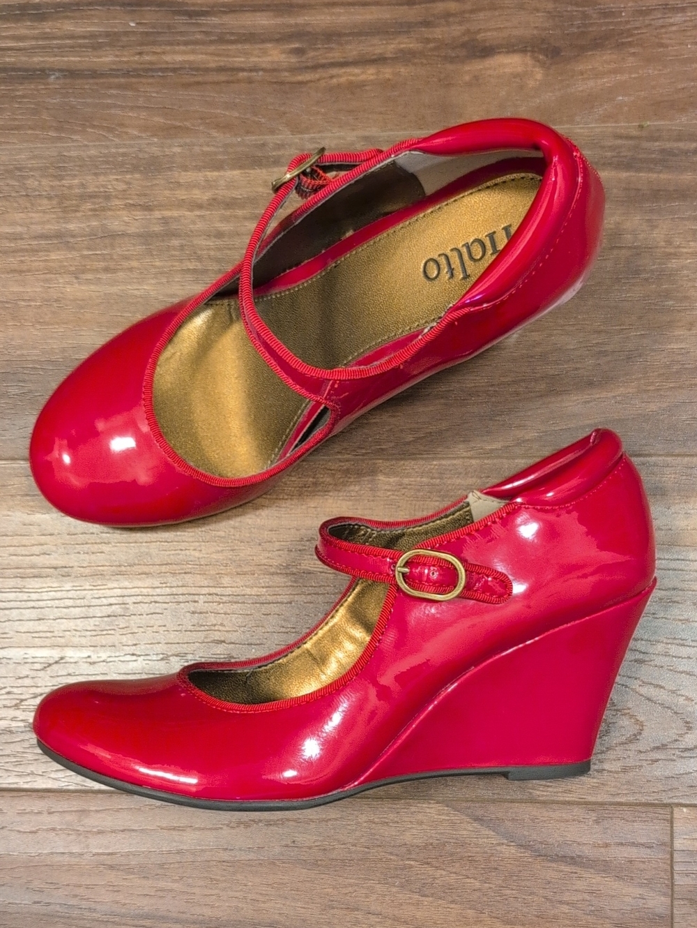 Rialto Bright Red Patent Mary Jane Wedge Heels Vintage Inspired